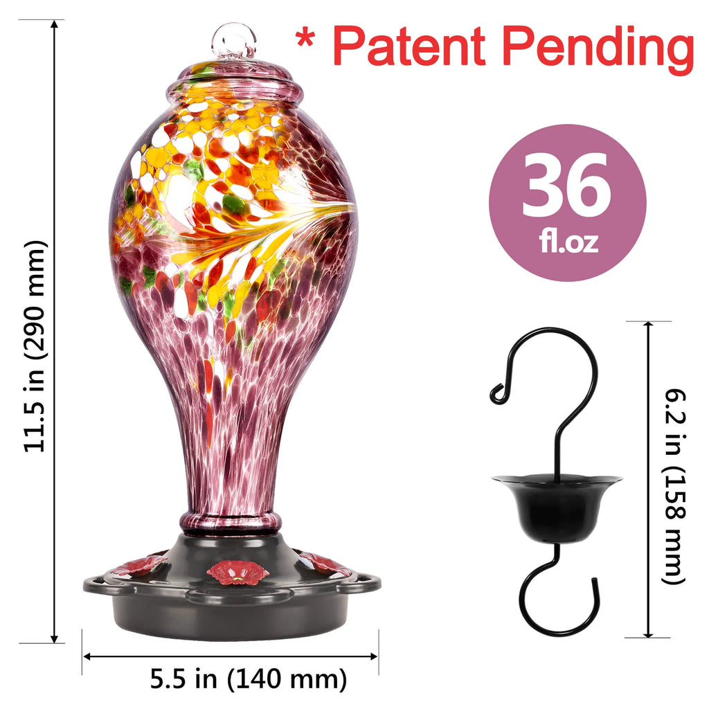 Hand Blown Glass Hummingbird Feeder with Ant Guard, 36 fl.oz, 5 Feeding Ports P3687
