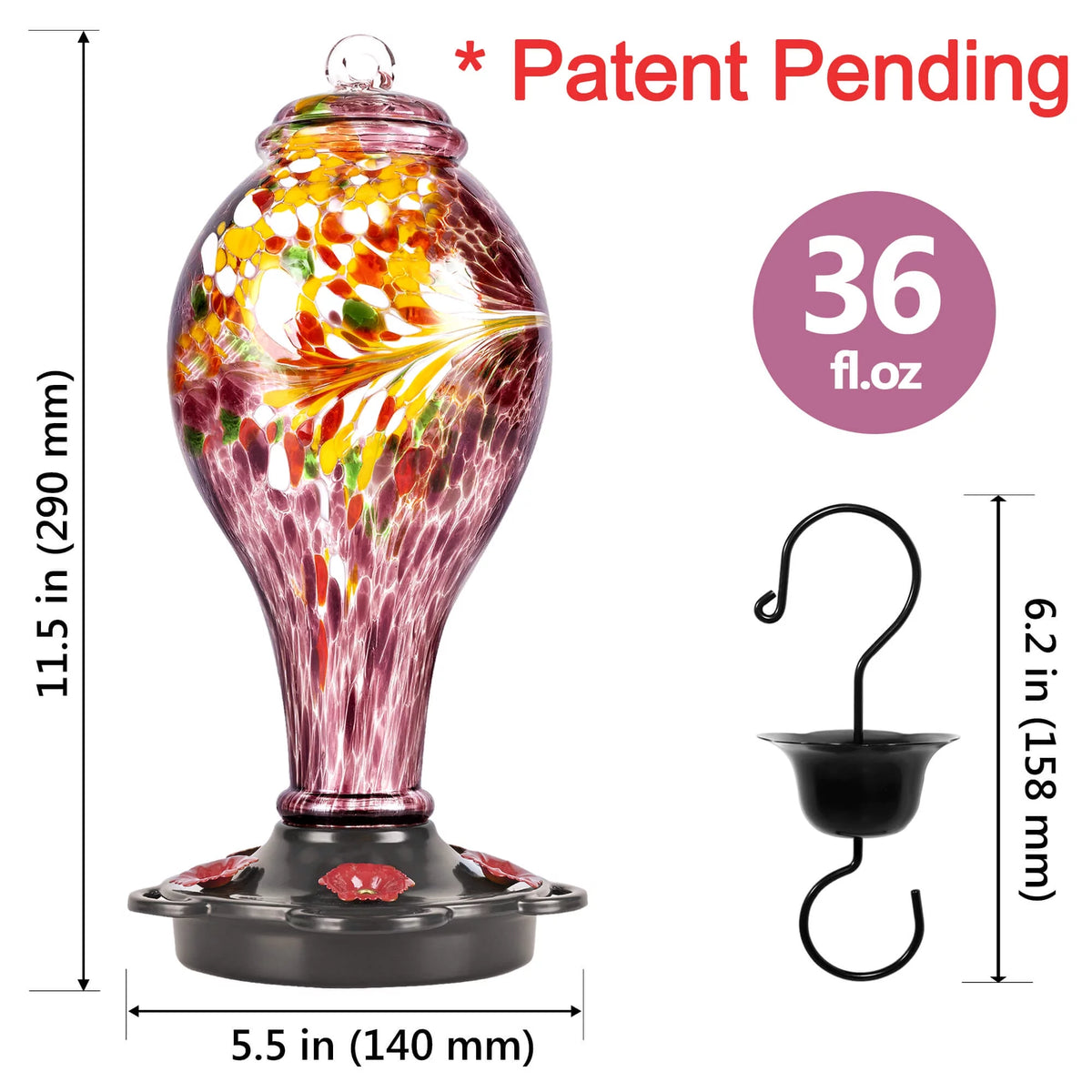 Hand Blown Glass Hummingbird Feeder with Ant Guard, 36 fl.oz, 5 Feeding Ports P3687
