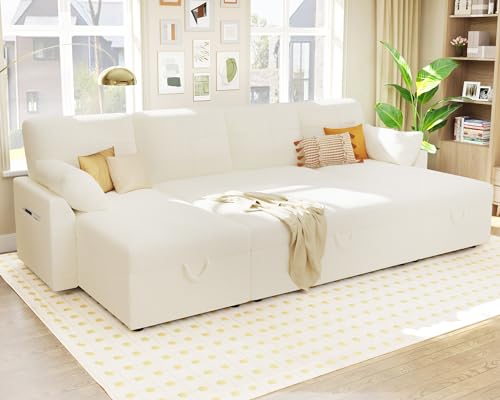 White Sherpa Sofa Bed with Storage Chaise F5928