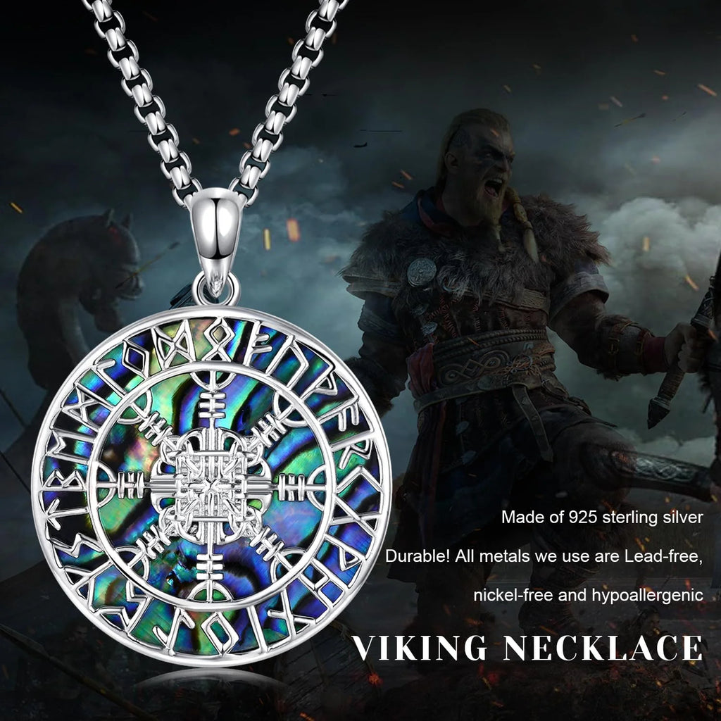925 Sterling Silver Viking Compass Necklace with Abalone Nordic Runes Pendant Q99458