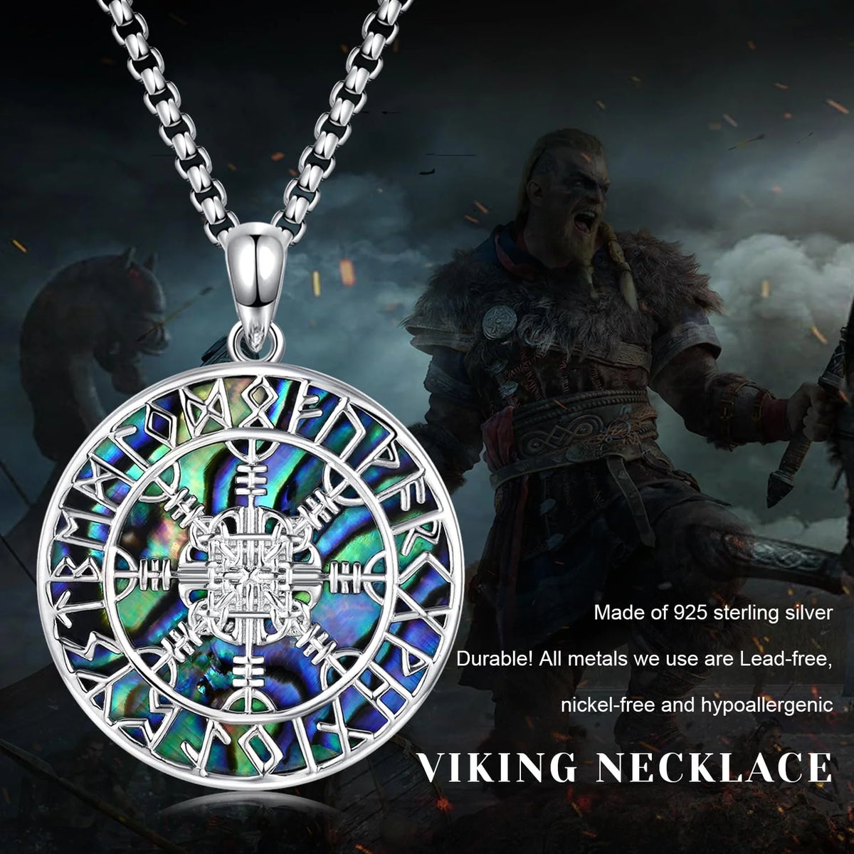 925 Sterling Silver Viking Compass Necklace with Abalone Nordic Runes Pendant Q99458