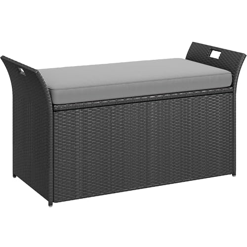 Black Beige 90 Gallon Outdoor Wicker Storage Bench with Cushion V2504