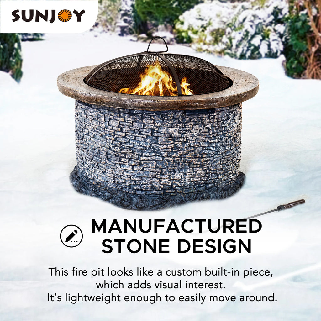 32 in. Stone Wood Burning Fire Pit with Steel Mesh Spark Screen and Fire Poker Q2921