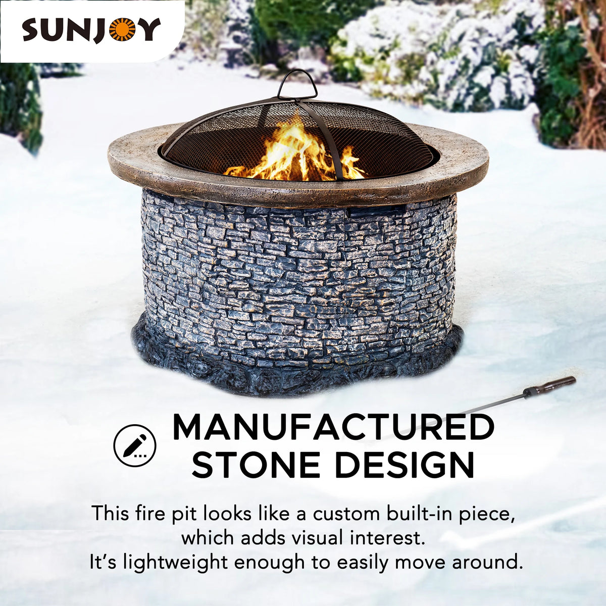 32 in. Stone Wood Burning Fire Pit with Steel Mesh Spark Screen and Fire Poker Q2921