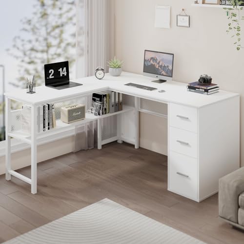 Reversible Gray L Shaped Corner Desk with File Drawers Cabinets, 59 Inch W856