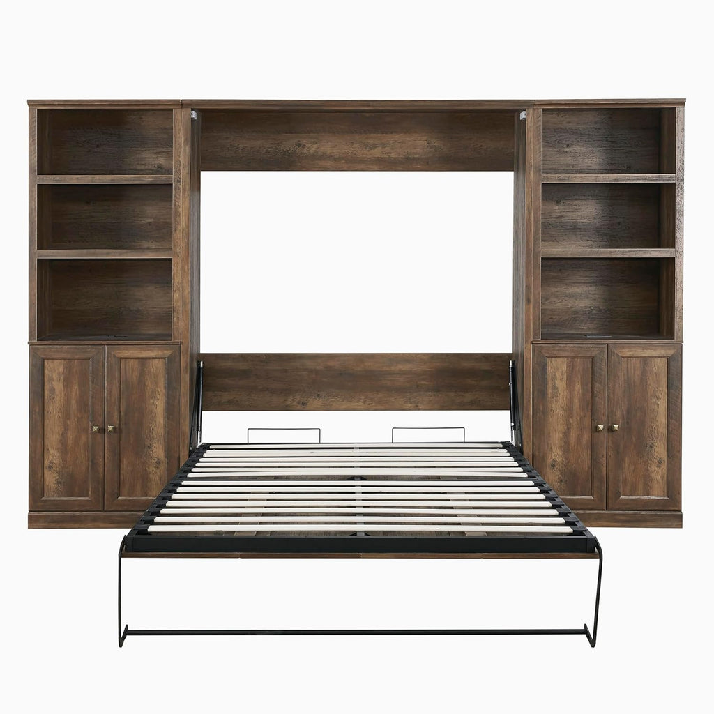 Full Size Brown Wood Murphy Bed with 2 Side Cabinet M194980
