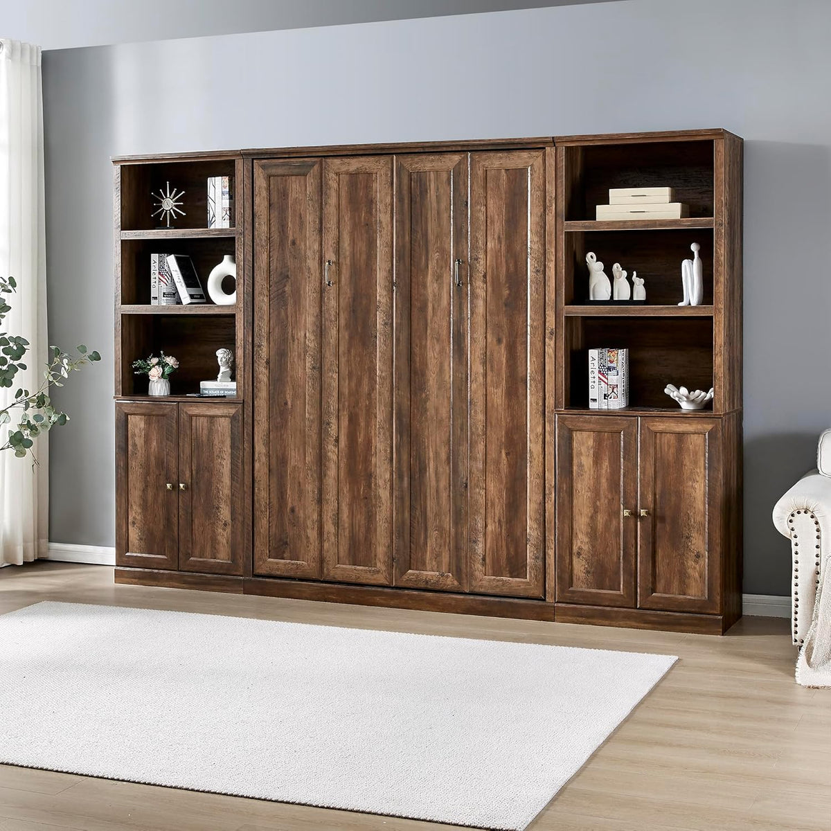 Full Size Brown Wood Murphy Bed with 2 Side Cabinet M194980