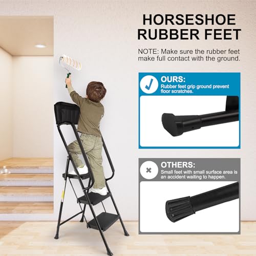 3 Step Folding Step Ladder with Handrails, 500 Lbs Capacity, Black S63073