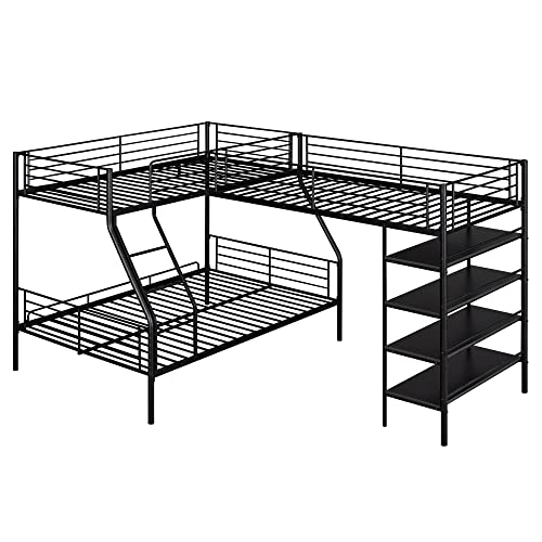 Black Metal Twin Size L-Shaped Loft Bed with Two Built-in Desks Q586033