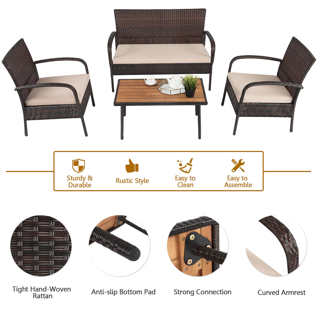 4 Pc Patio Rattan Furniture Set with Cushions K870519