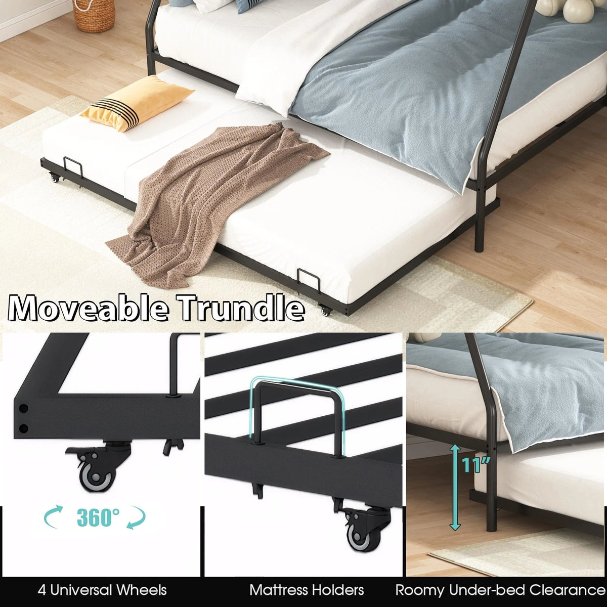 Black Metal Twin Over Twin Bunk Bed with Trundle D59553