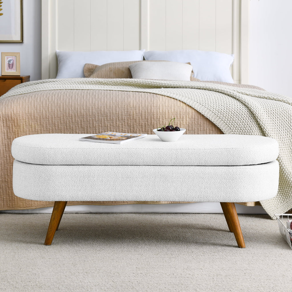 White Oval Storage Ottoman Bench with Rubber Wood Legs J889580