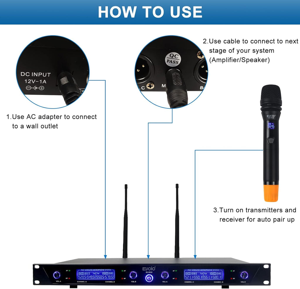 4 Adjustable Channel UHF Wireless Microphone System with 4 Metal Handheld Mics D363