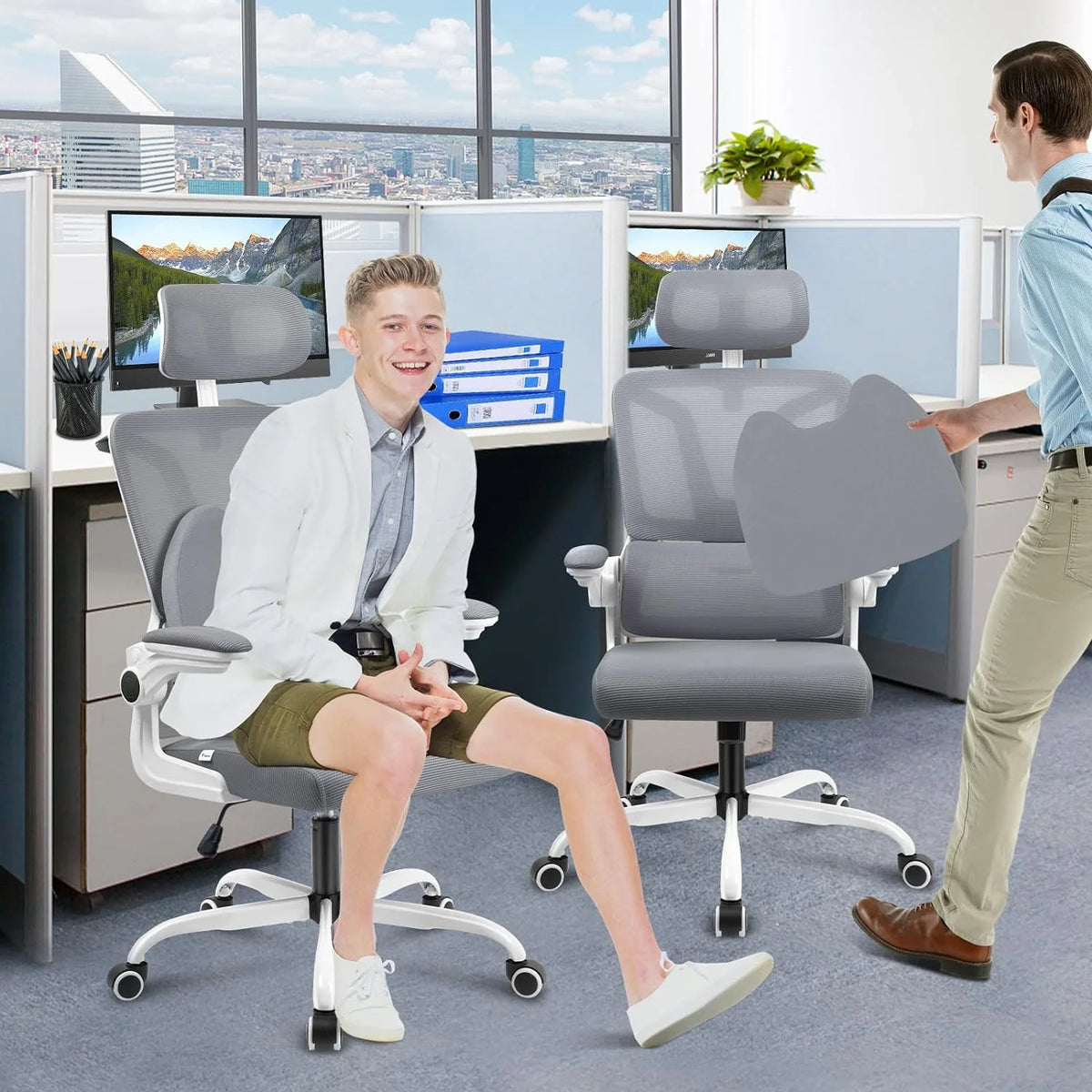 Dark Grey Ergonomic Mesh Office Chair with Lumbar Support Pillow L39322
