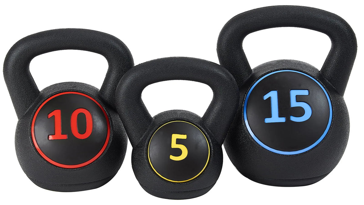 Wide Grip Kettlebell Set, 5lb, 10lb, and 15lb E357901