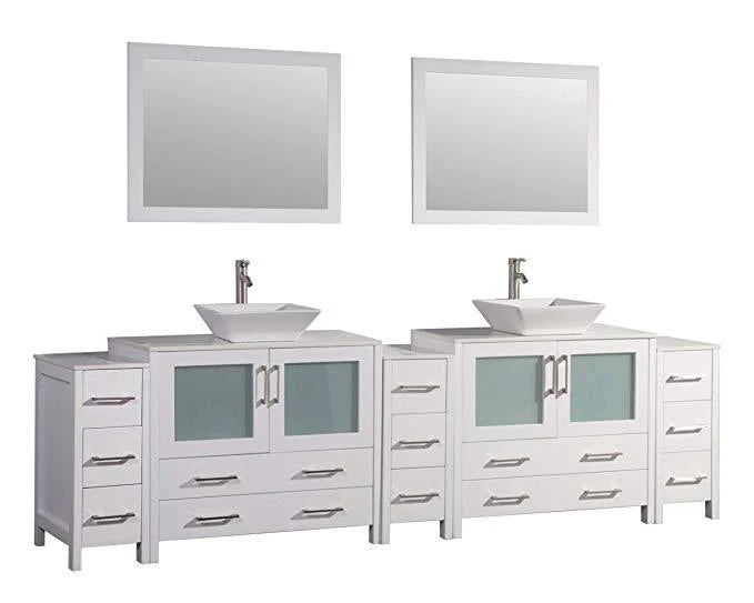 108 in. White Double Sink Vanity Cabinet with Ceramic Vessel Sink & Mirror W816347