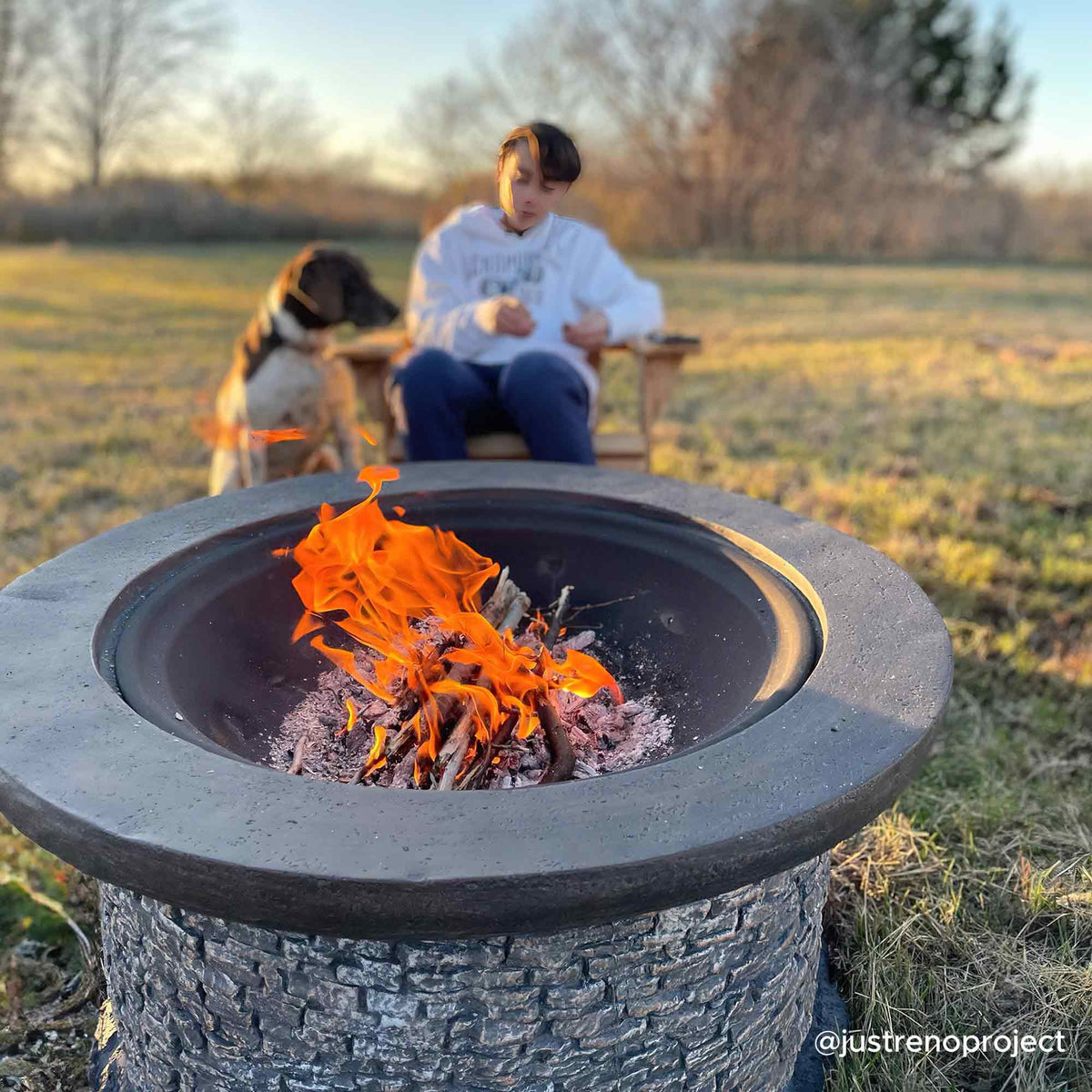 32 in. Stone Wood Burning Fire Pit with Steel Mesh Spark Screen and Fire Poker Q2921