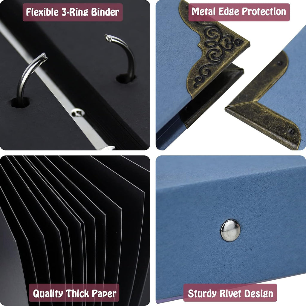 60 Pages Hardcover 8.5x11 Inches 3 Rings Removable Black Paper Scrapbook Photo Album Kit I852