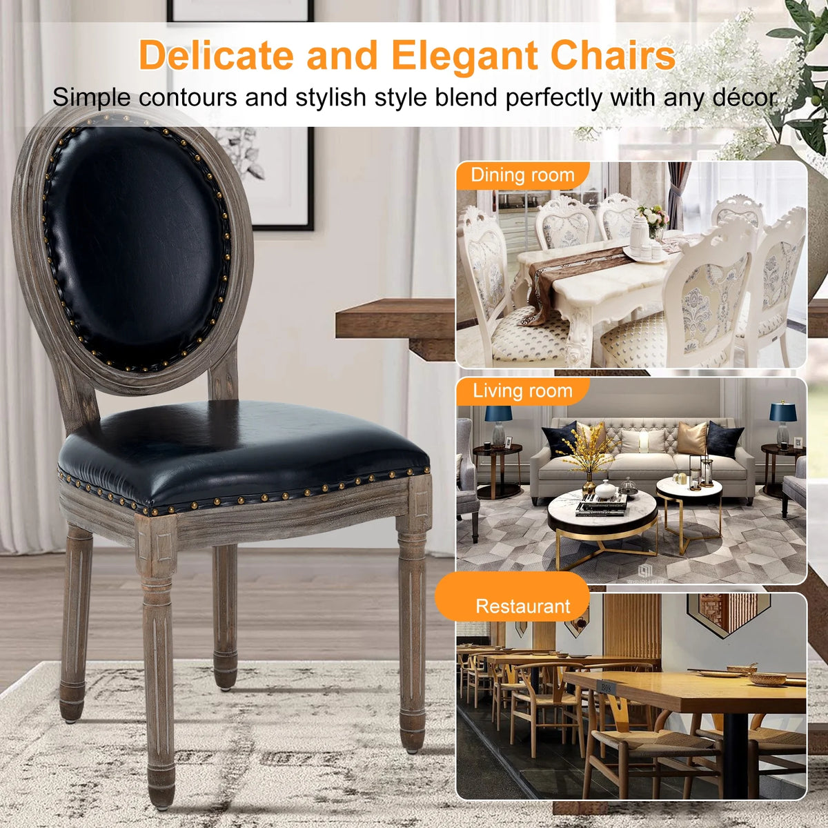 Black Leather Dining Chairs Set of 4 with Solid Wood Legs L556305