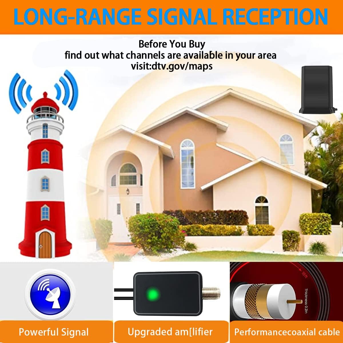 TV Antenna with Amplifier Signal Booster, 32ft Coax Cable B2190