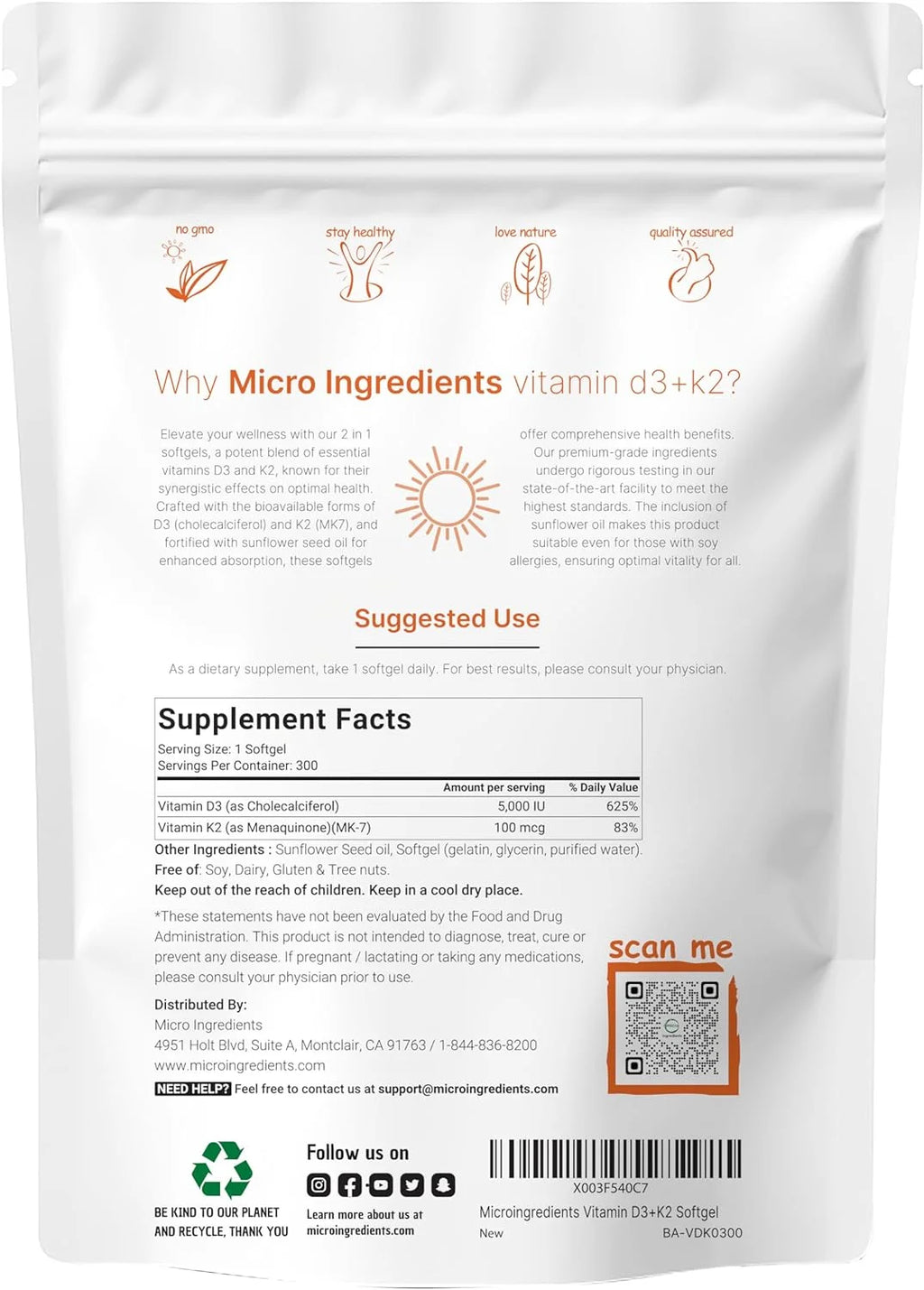 300 Soft-Gels Vitamin D3 5000 IU with K2 100 mcg V25826