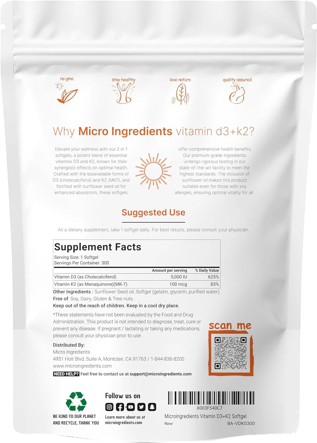 300 Soft-Gels Vitamin D3 5000 IU with K2 100 mcg V25826