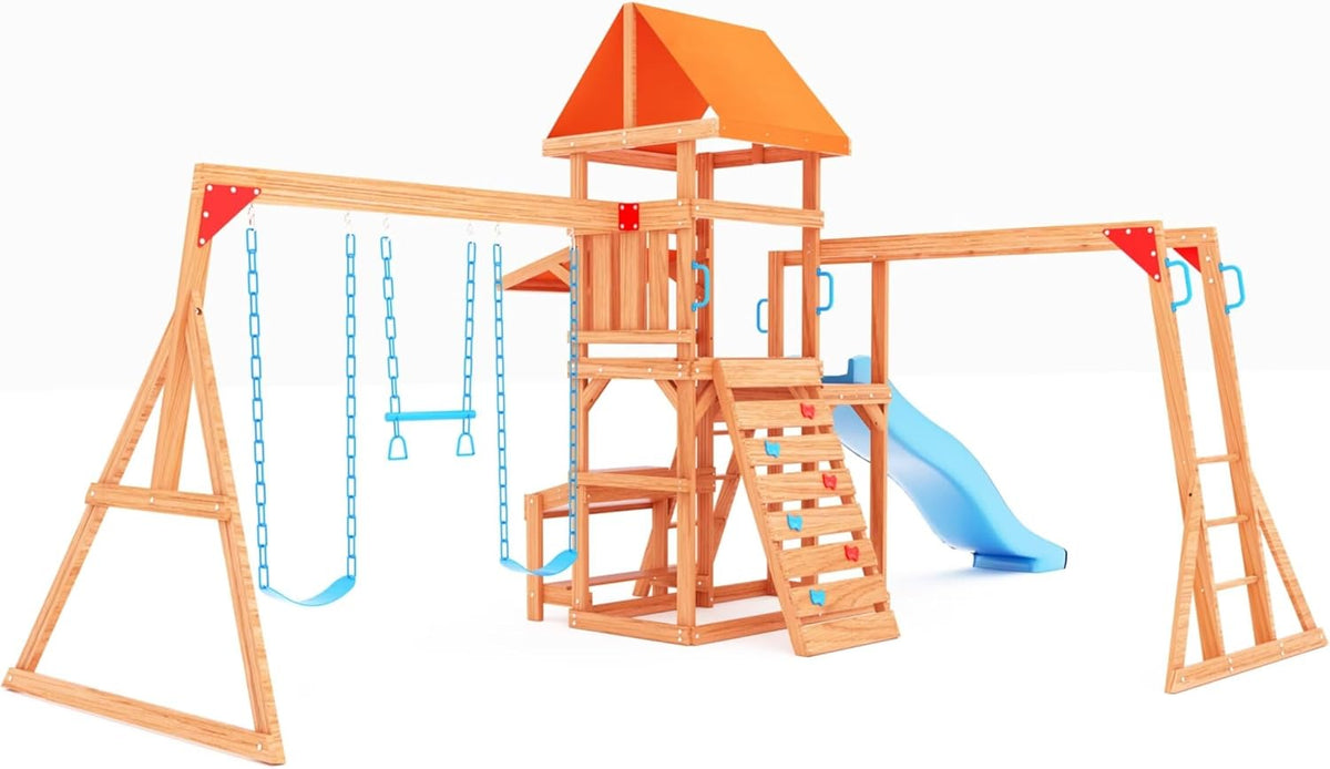 Wooden Playground Swing Sets with Monkey Bar, 8FT Wave Slide, 2 Belt Swings H179161