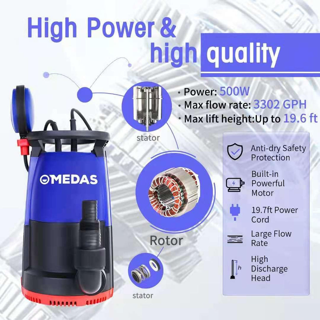 Electric 3 in 1 Submersible Pump 3/4HP 500W 3302GPH with Float Switch J3130