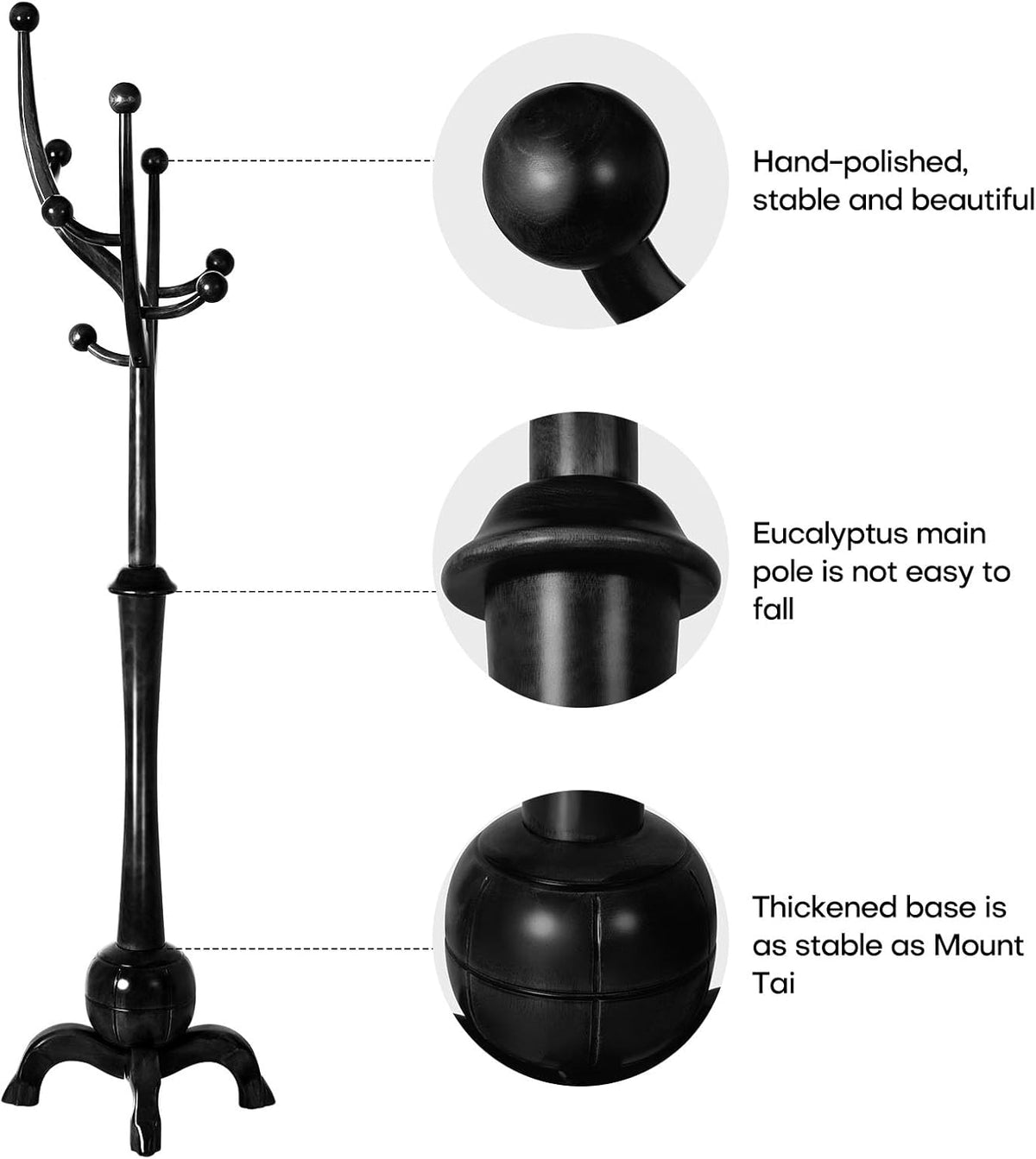 Black Freestanding Wood Coat Rack with 8 Hooks B48964