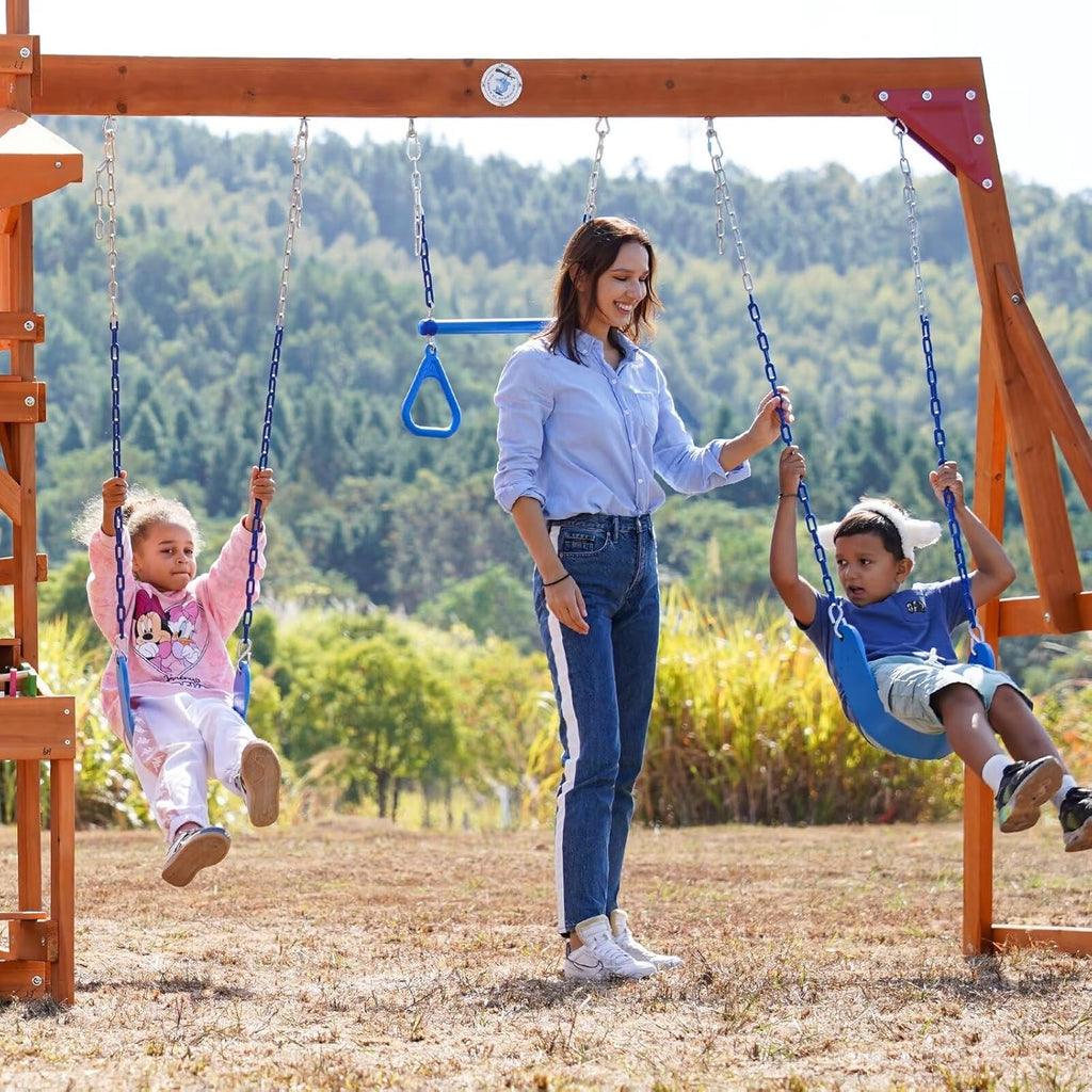Wooden Playground Swing Sets with Monkey Bar, 8FT Wave Slide, 2 Belt Swings H179161