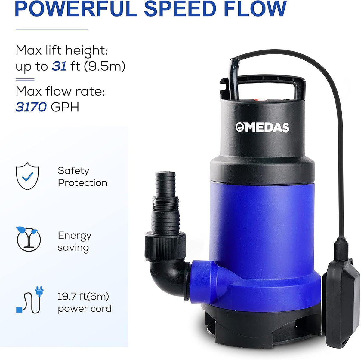 Electric 3 in 1 Submersible Pump 3/4HP 500W 3302GPH with Float Switch J3130