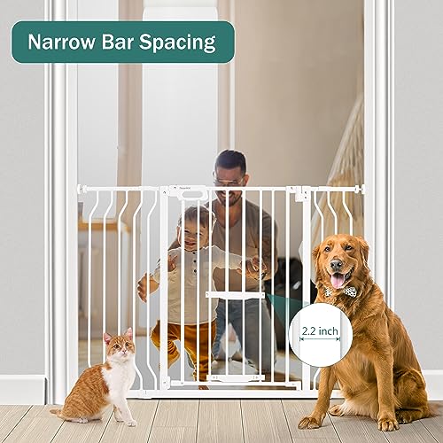 White 33" Tall Extra Wide Auto Close Walk Thru Safety Gate with Small Pet Door M45595