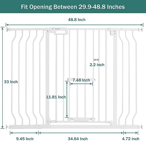 White 33" Tall Extra Wide Auto Close Walk Thru Safety Gate with Small Pet Door M45595