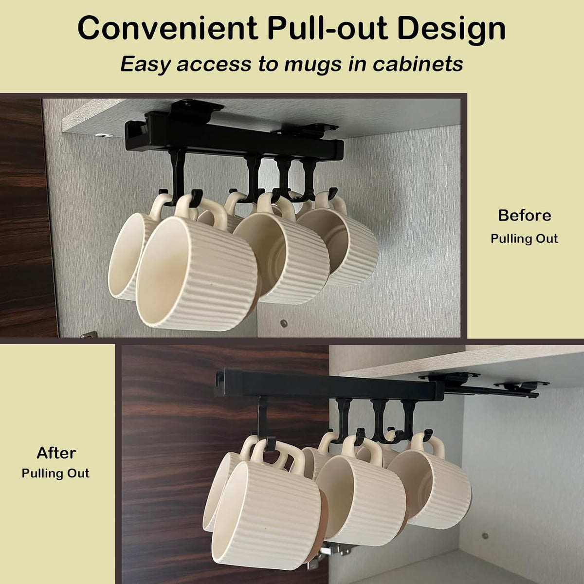 Black Pull Out Mug Holder with 8 Hooks P9816