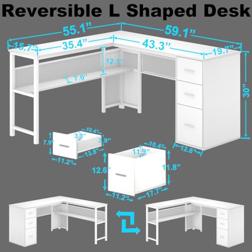 Reversible Gray L Shaped Corner Desk with File Drawers Cabinets, 59 Inch W856