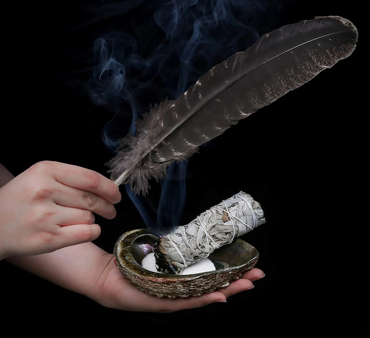 White Sage Smudge Sticks with Abalone Shell Tripod Stand Feather and White Sand R548