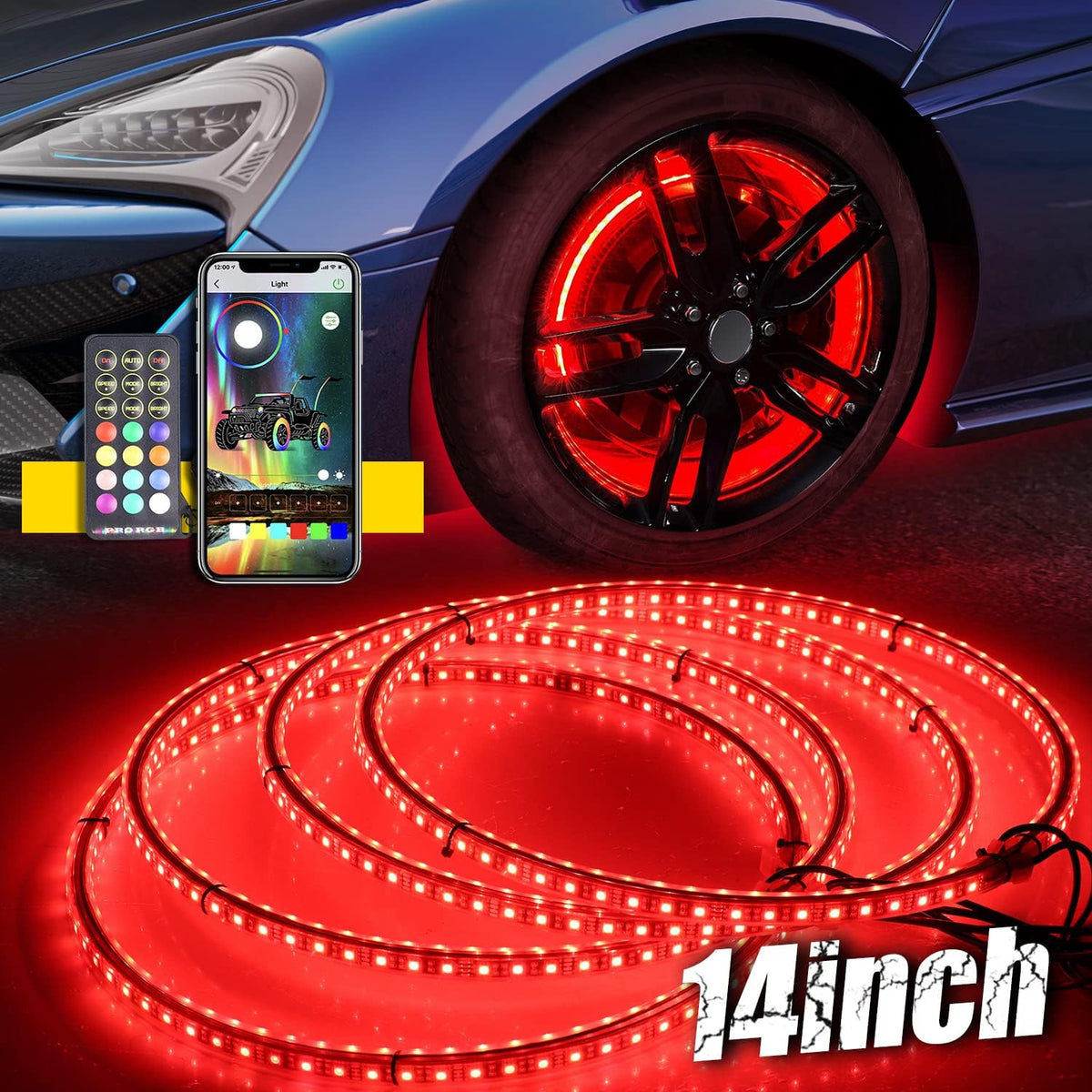 4PCS 14inch RGB LED Wheel Ring Light Kit Bluetooth Control with Turn Signal and Braking Function Double Row X781