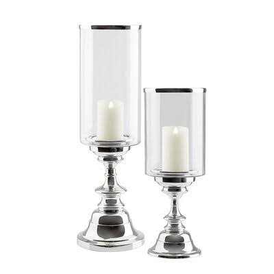 2 Piece Glass Tabletop Hurricane Set Silver L2860