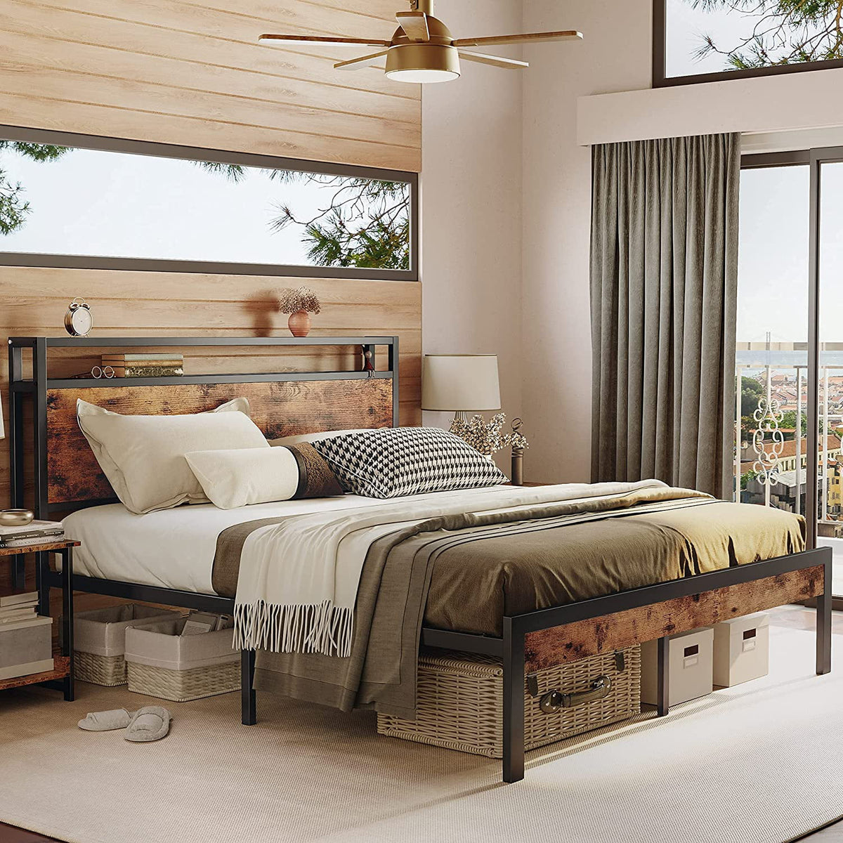 Queen Bed Frame with Industrial Headboard I7059