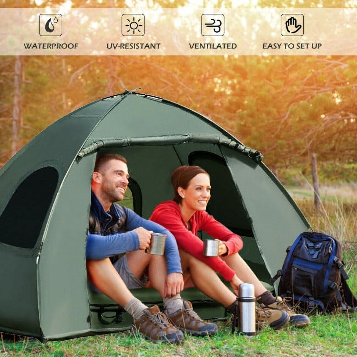 2-Person Foldable Camping Tent Cot with Air Mattress and Sleeping Bag H2817