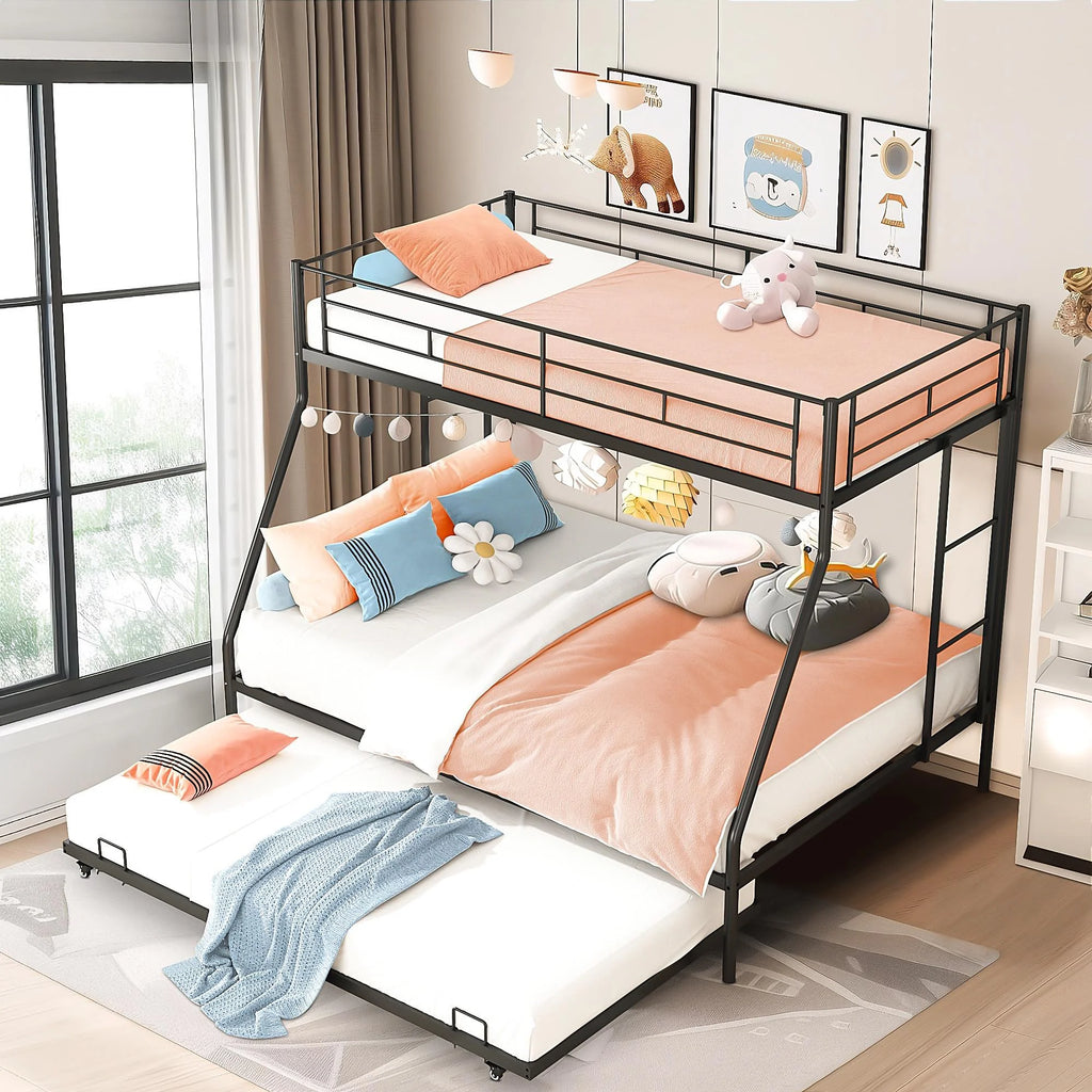 Black Metal Twin Over Twin Bunk Bed with Trundle D59553