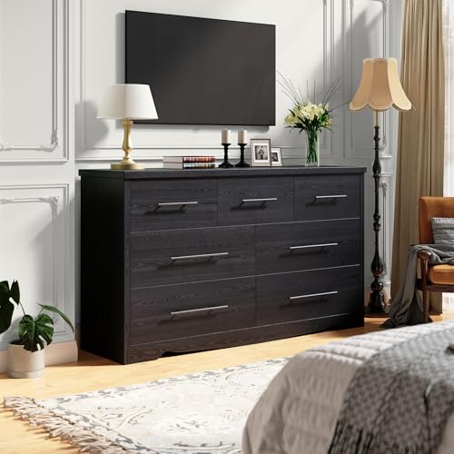Black 7 Drawer Wood Dresser with Metal Handles I7655