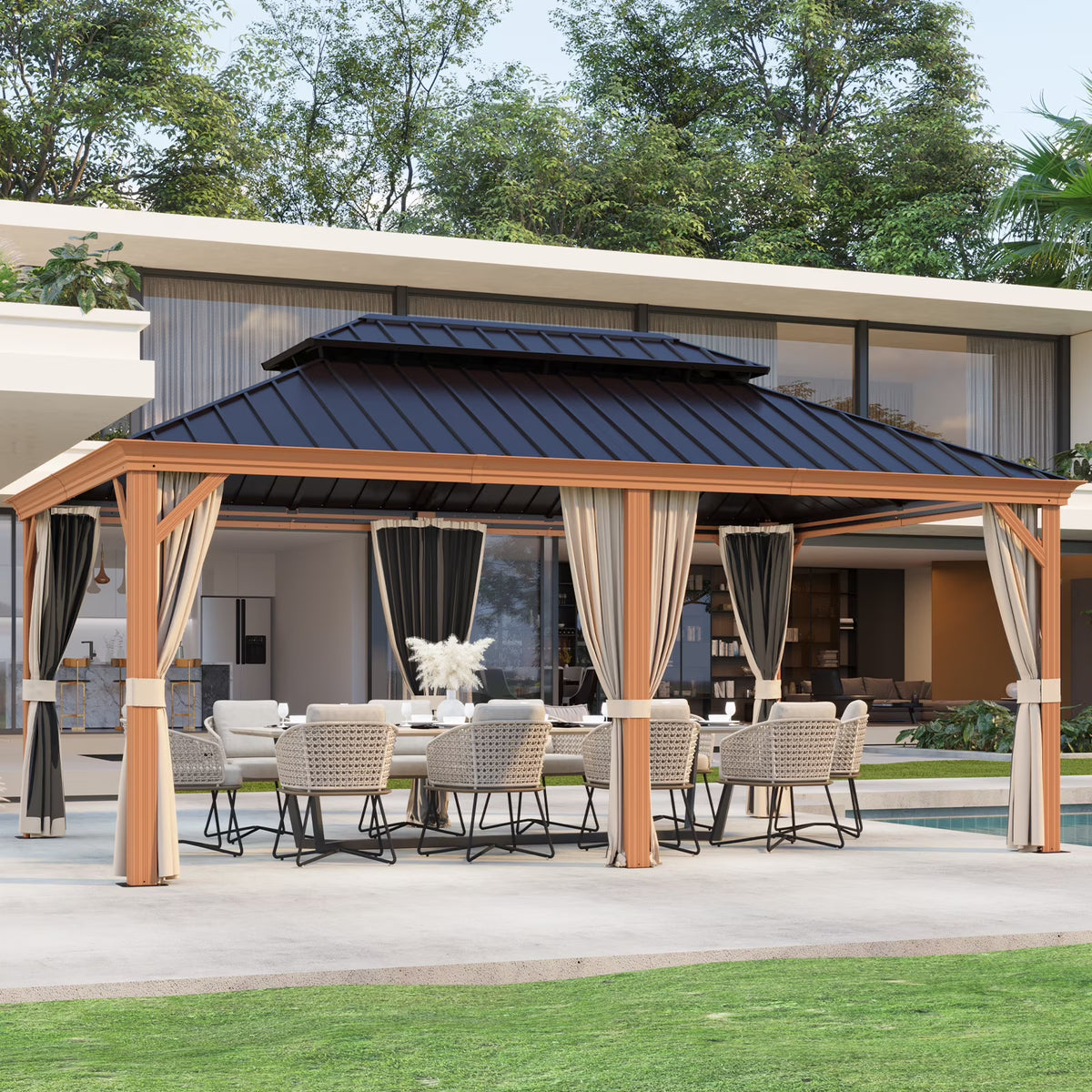 12x18 FT Hardtop Gazebo with Textilene Nettings and Curtains N765989