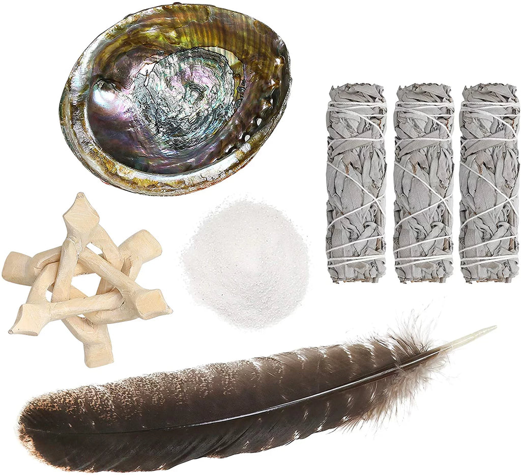 White Sage Smudge Sticks with Abalone Shell Tripod Stand Feather and White Sand R548
