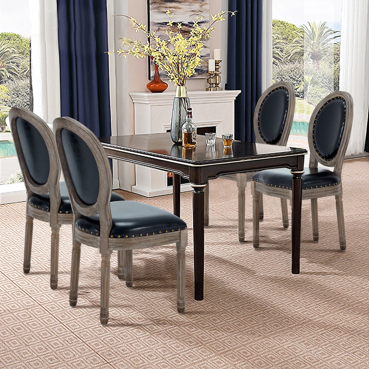 Black Leather Dining Chairs Set of 4 with Solid Wood Legs L556305
