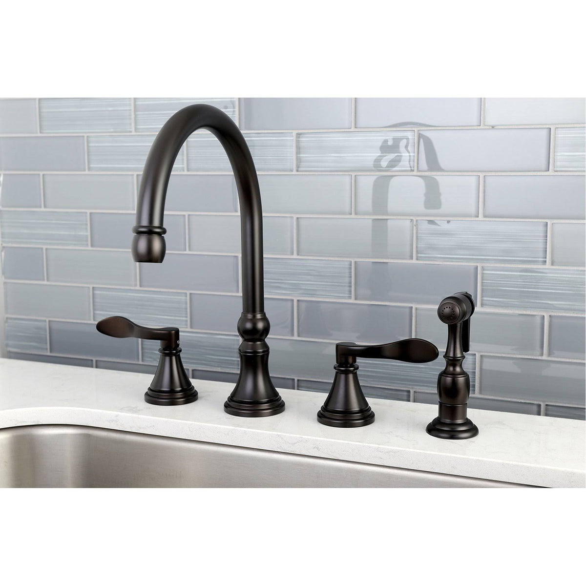 Oil Rubbed Bronze Double Handle Deck Mount Kitchen Faucet with Brass Sprayer N1558