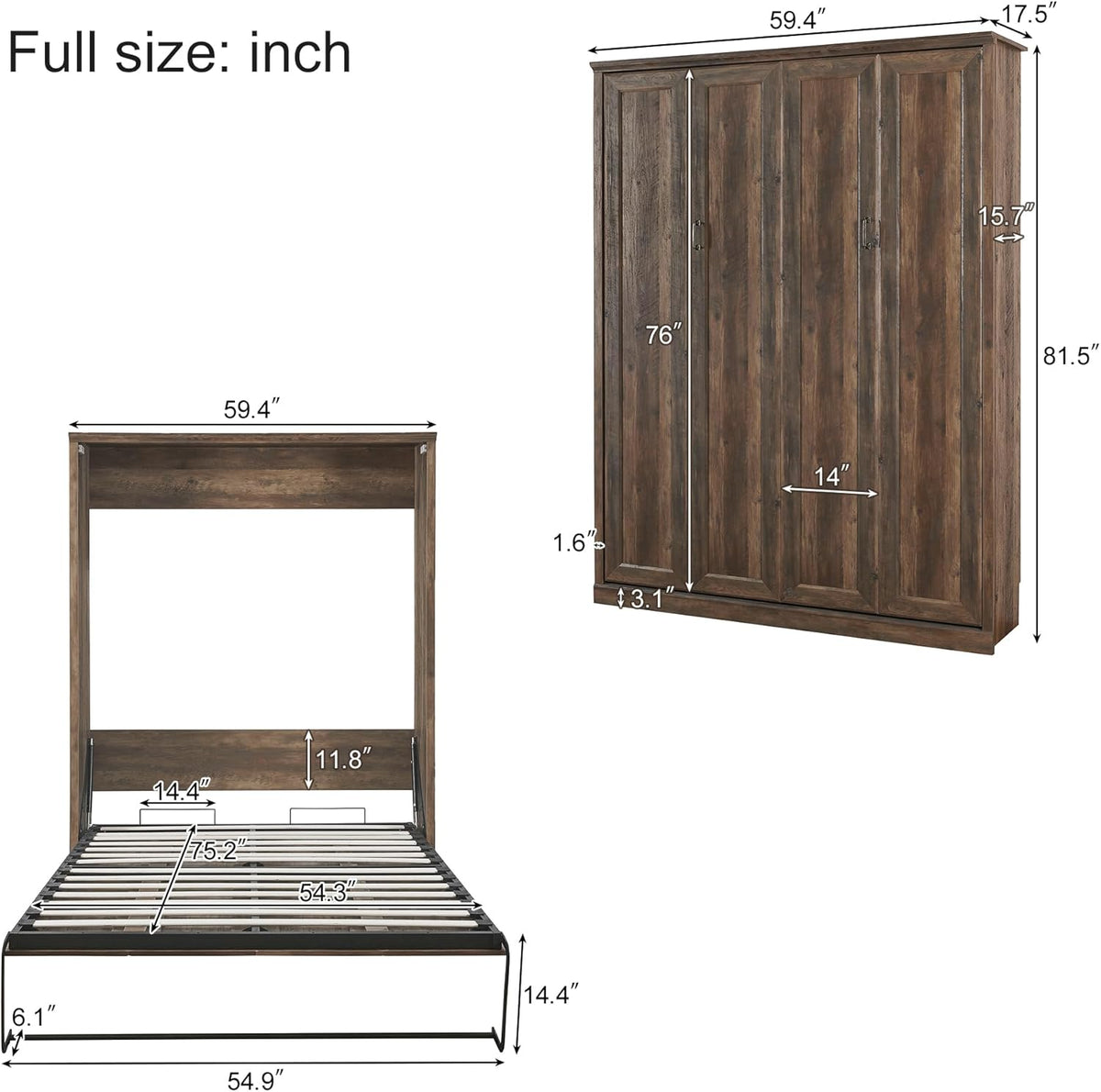 Full Size Brown Wood Murphy Bed with 2 Side Cabinet M194980
