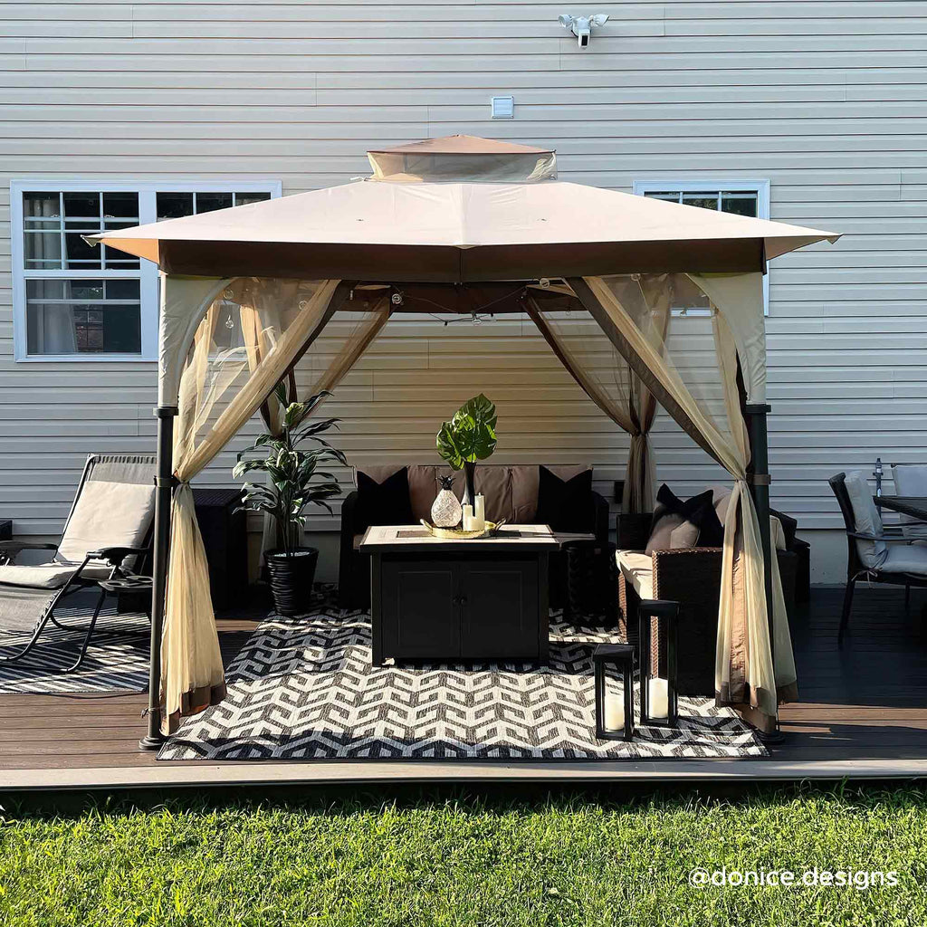 Tan and Brown Steel Frame Outdoor Patio Gazebo with Netting Q979