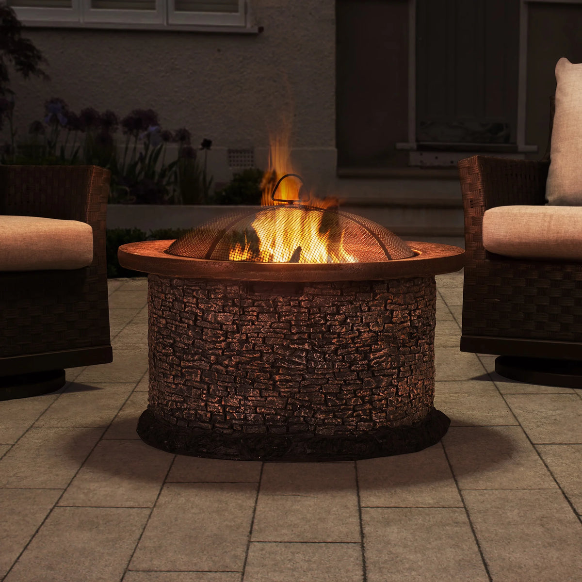 32 in. Stone Wood Burning Fire Pit with Steel Mesh Spark Screen and Fire Poker Q2921