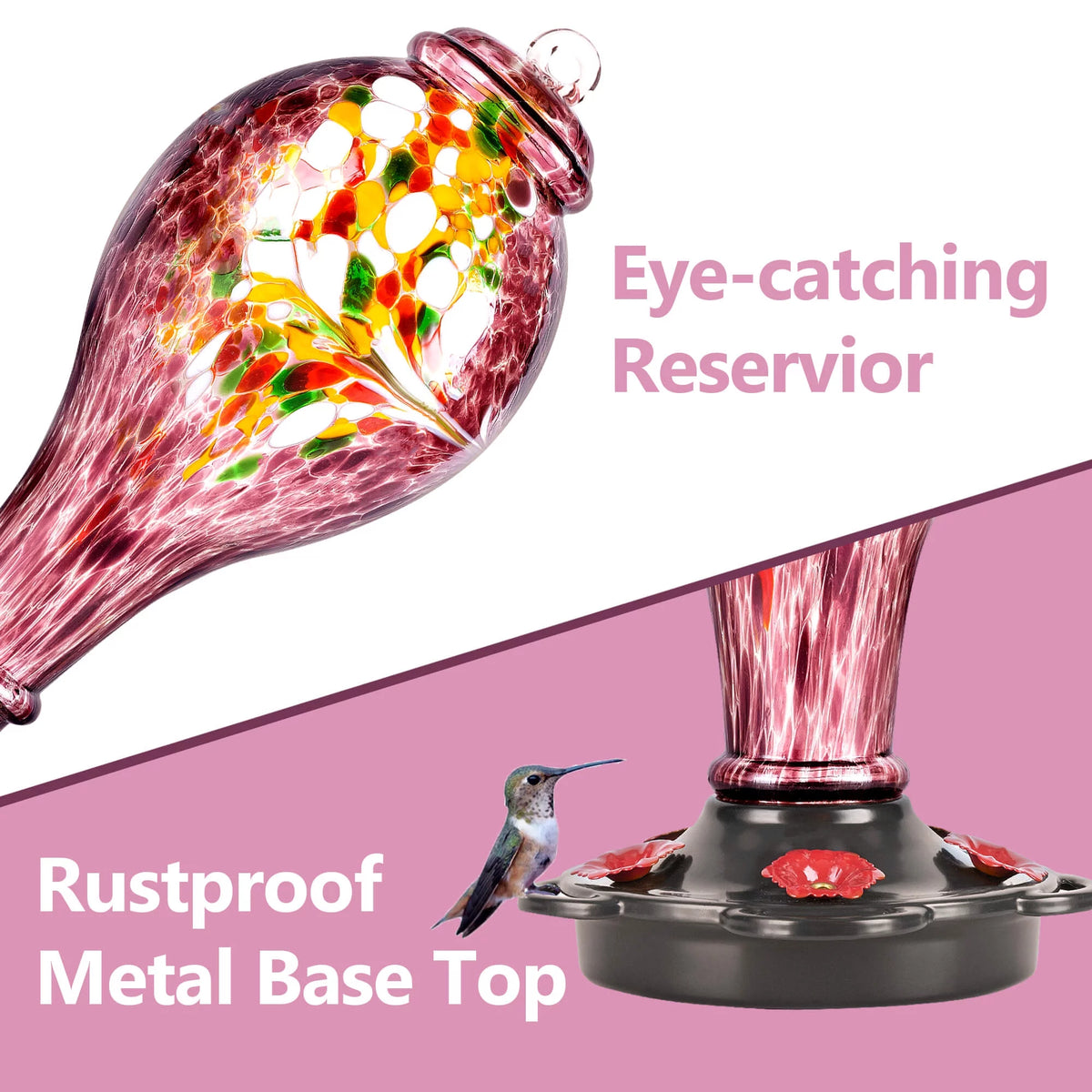 Hand Blown Glass Hummingbird Feeder with Ant Guard, 36 fl.oz, 5 Feeding Ports P3687